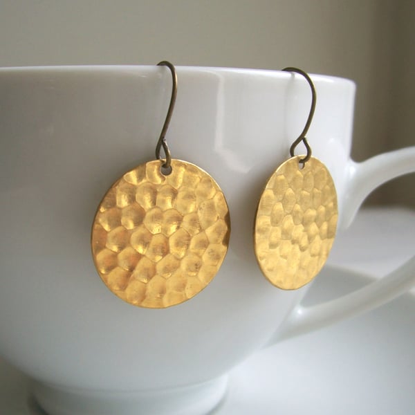 Gold Hammered Disc earrings - Golden Sun - raw brass - textured circles 