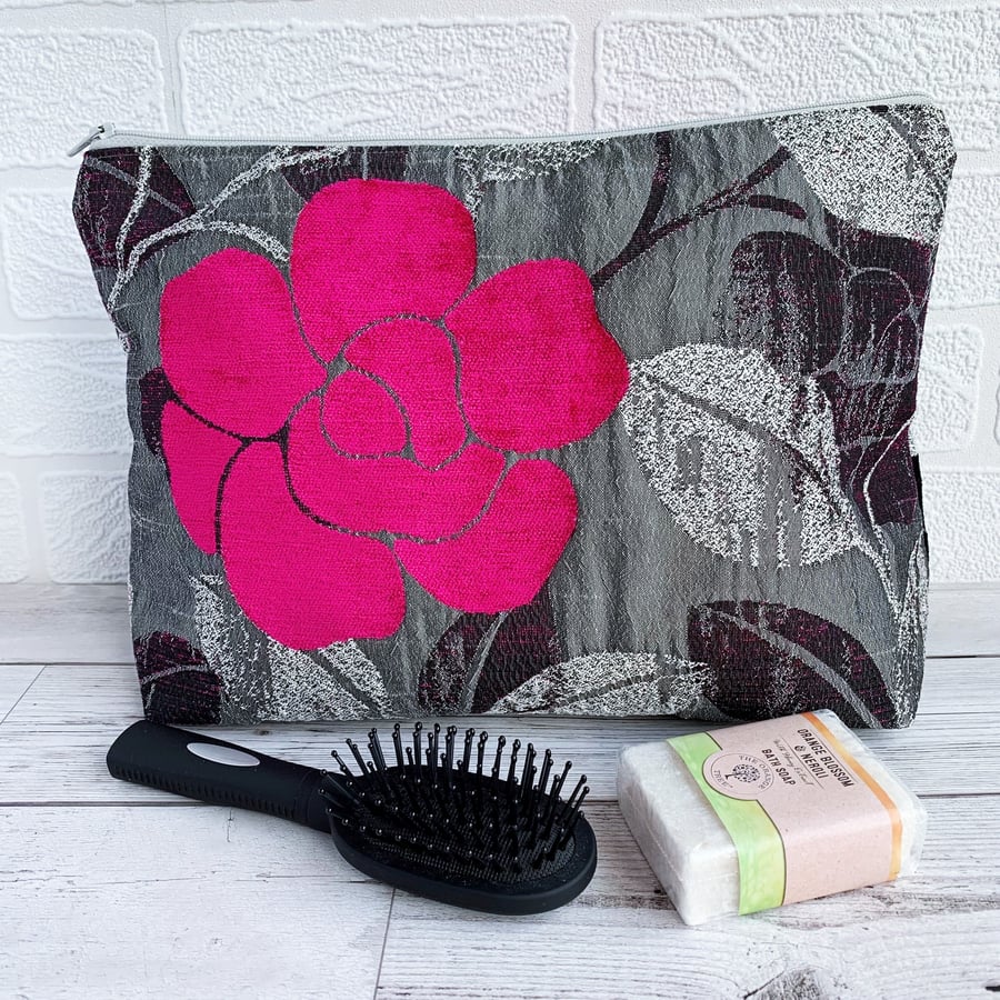 SOLD - Grey and Black Brocade Toiletry Bag with Hot Pink Rose