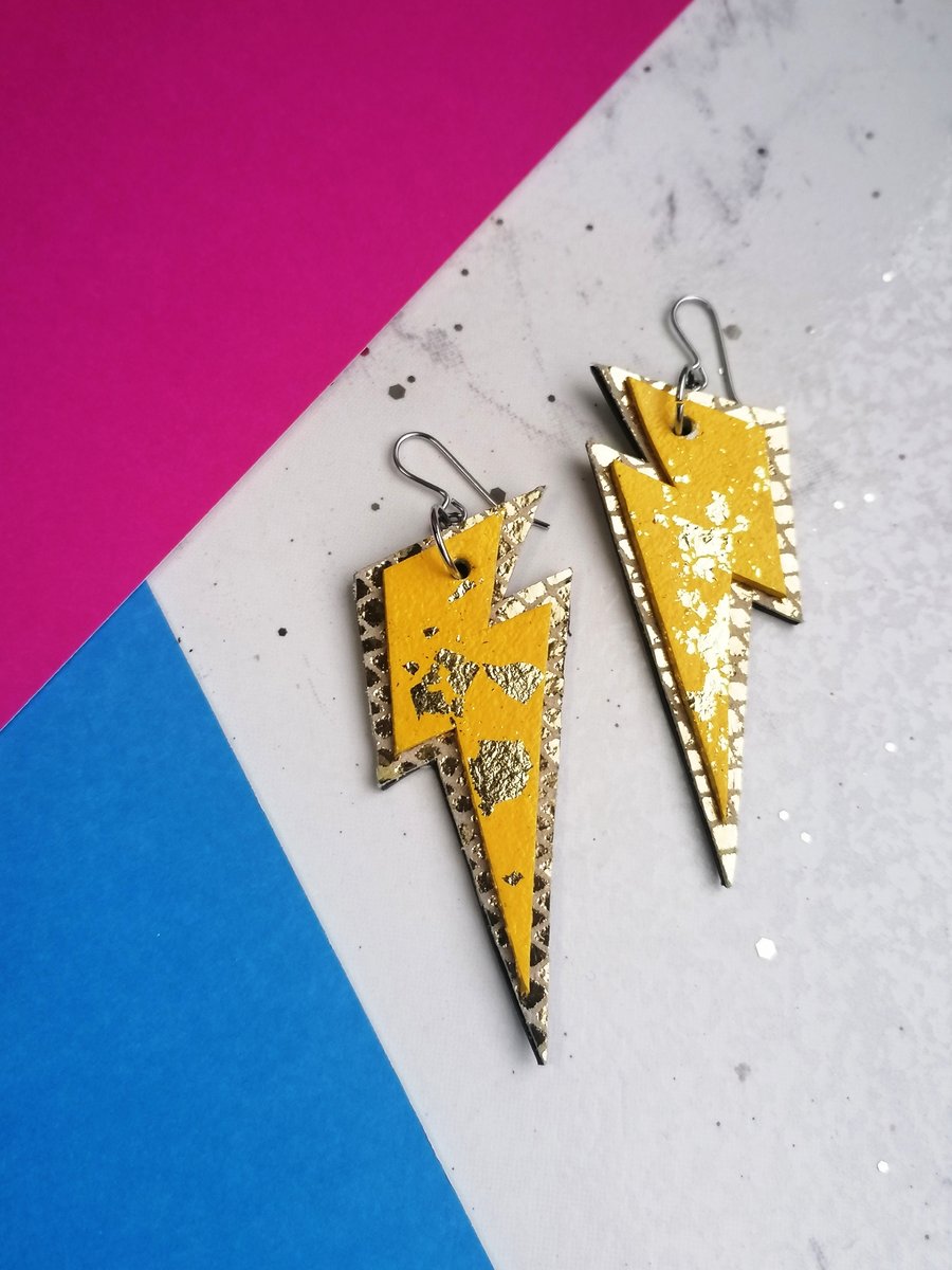Yellow Lightning Bolt Earrings - Repurposed Leather