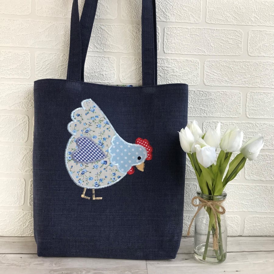 Chicken tote bag in dark blue with cream and blue floral and polka dot chicken