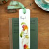  August bookmark.Hand drawn and painted bookmark with silk ribbon '