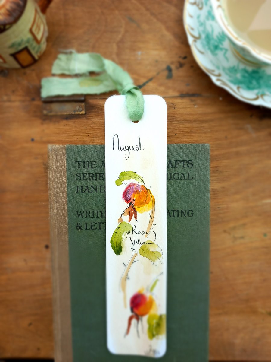  August bookmark.Hand drawn and painted bookmark with silk ribbon '