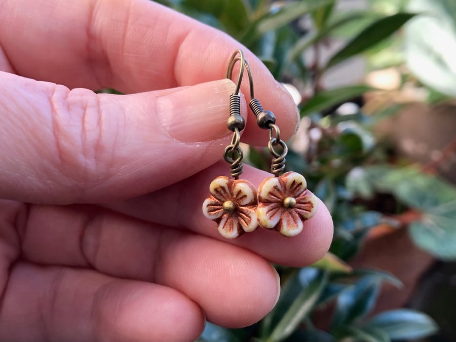 Small Burnt Orange Copper & Cream Czech Glass Flower Earrings DANGLY Boho Floral
