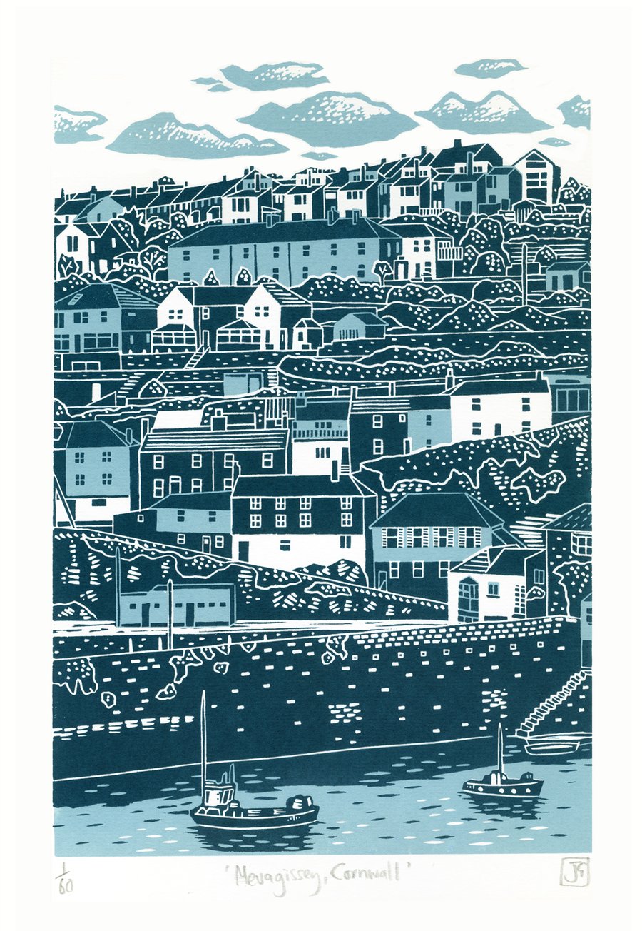 Mevagissey, Cornwall two-colour A3 linocut screen-print