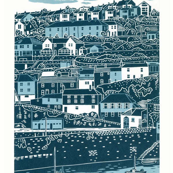 Mevagissey, Cornwall two-colour A3 linocut screen-print