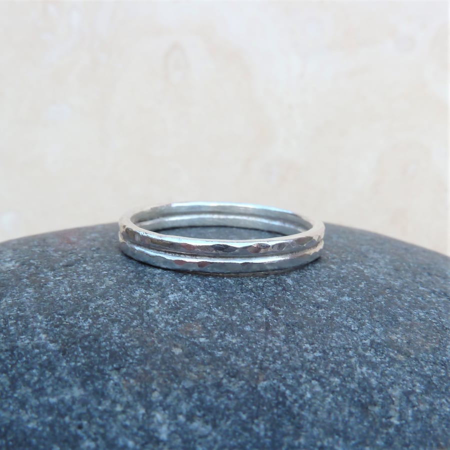 Sterling Silver One of a Kind Double Hammered Ring Band Size R - RNG029