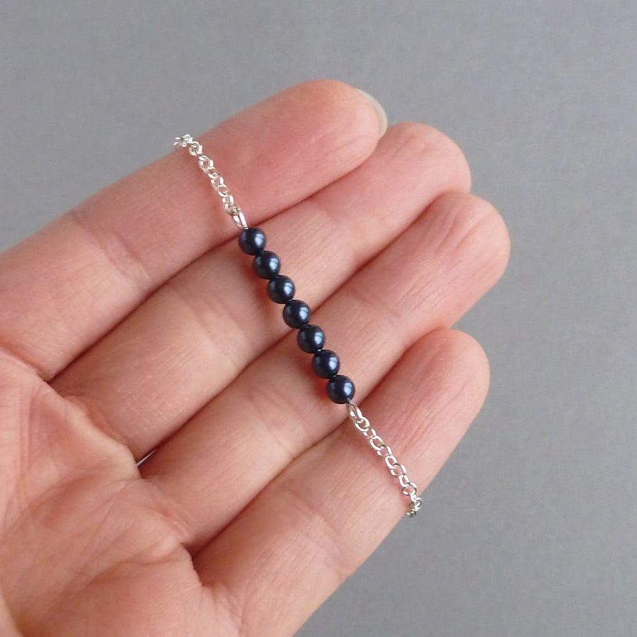 Navy Pearl Bar and Sterling Silver Chain Bracelet - Dark Blue Layering Bracelets