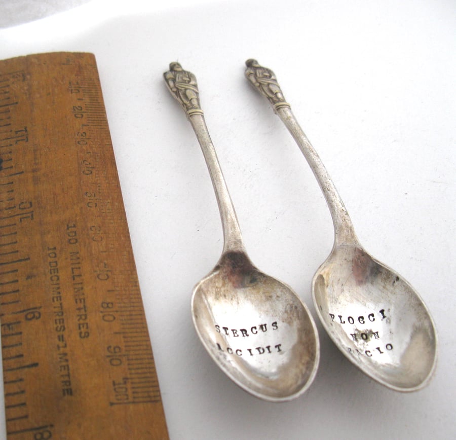 Pair of Apostle Coffeespoons, Handstamped Rude Latin Mottoes, Sh-t Happens
