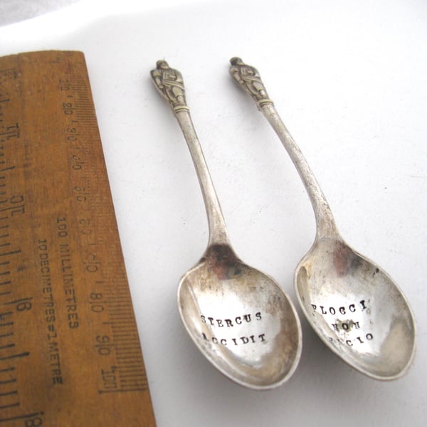 Pair of Apostle Coffeespoons, Handstamped Rude Latin Mottoes, Sh-t Happens