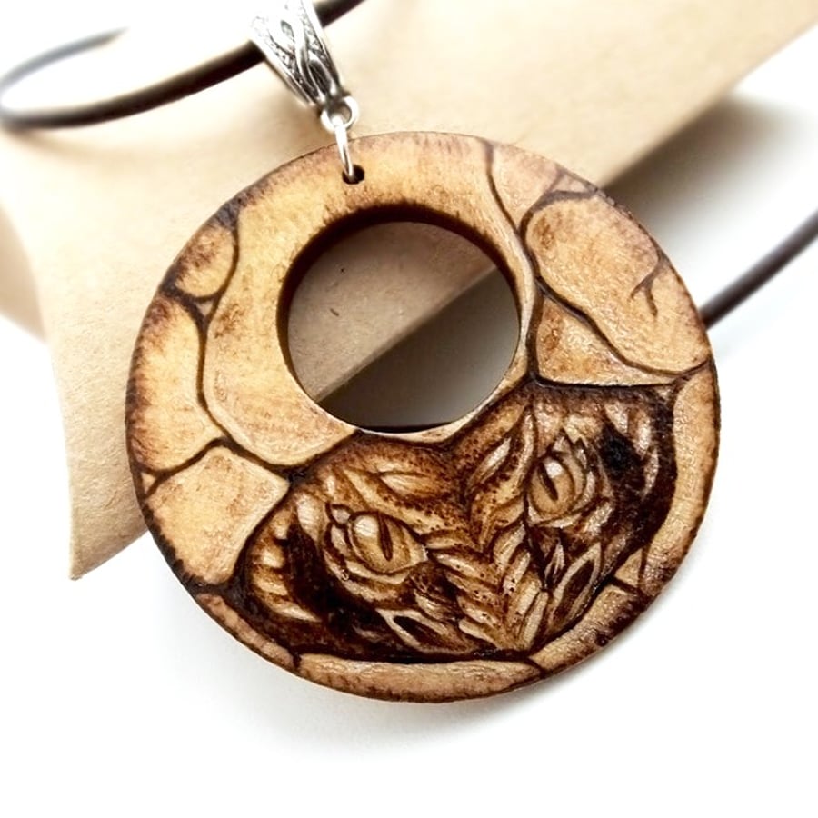 Hidden Dragon Pyrography Wood Pendant Necklace