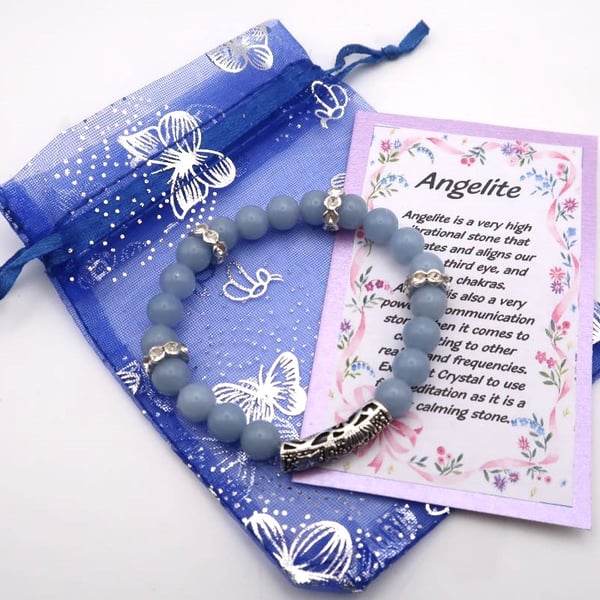 Angelite and Rhinestone Elasticated Bracelet. Excellent for Meditation Use.