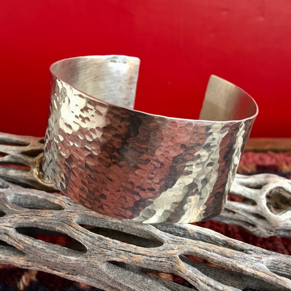 Sterling silver wide cuff bracelet - hammered silver cuff - hallmarked