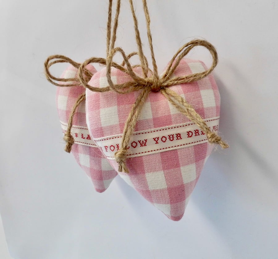 SOLD Pair heart shaped decorations Laura Ashley pink check with words