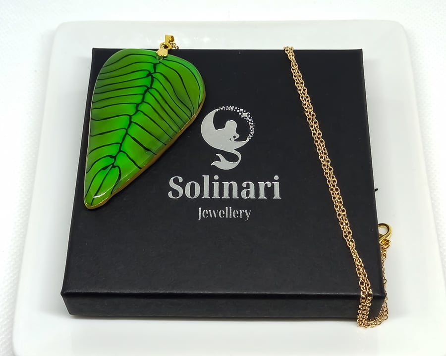 SALE Bright green tropical leaf pendant with gold tone stainless steel chain