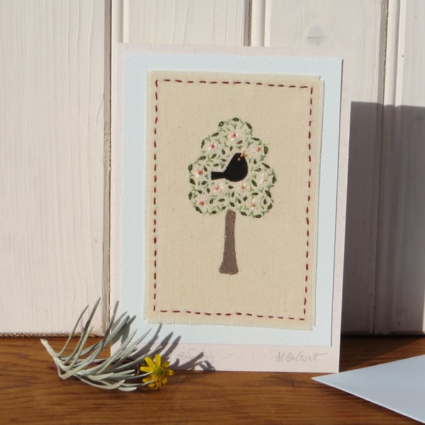 Blackbird singing hand embroidered card delicate detailed work - a card to keep!