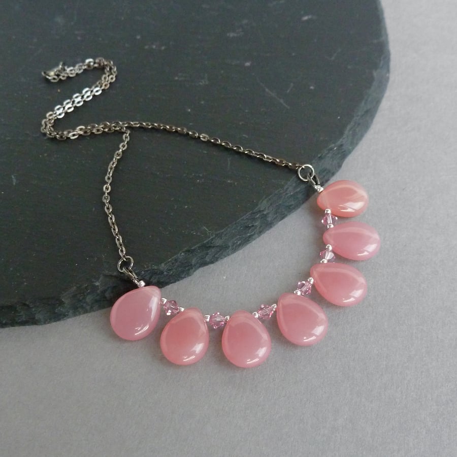 Chunky Dusky Pink Fan Necklace - Women's Dusty Rose Statement Necklaces - Gifts