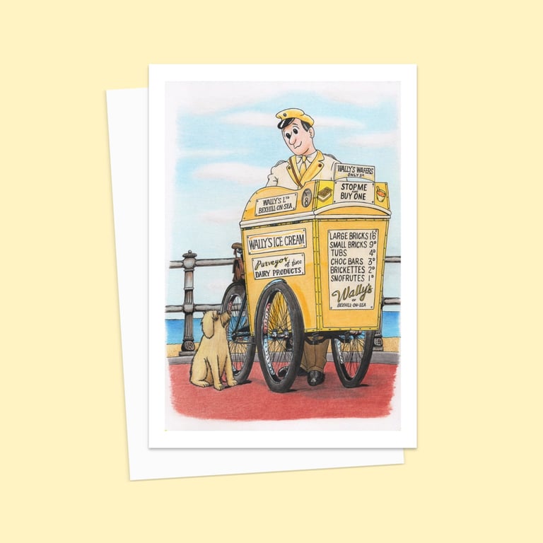 Seaside Greeting Card: Pencil Illustration of an Ice Cream Man and a Dog (810)
