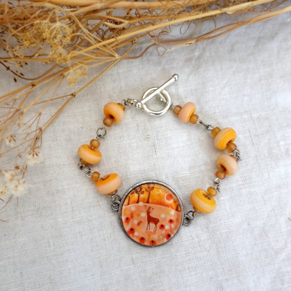 Orange Bracelet, Deer Bracelet, Lampwork Glass Bracelet, Art Bracelet