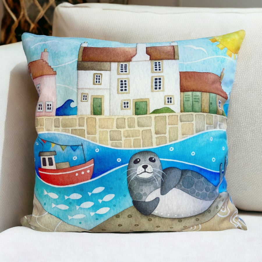 Seal Cushion Cover - Cute Seaside Art. Nautical Coastal Living Room Decor