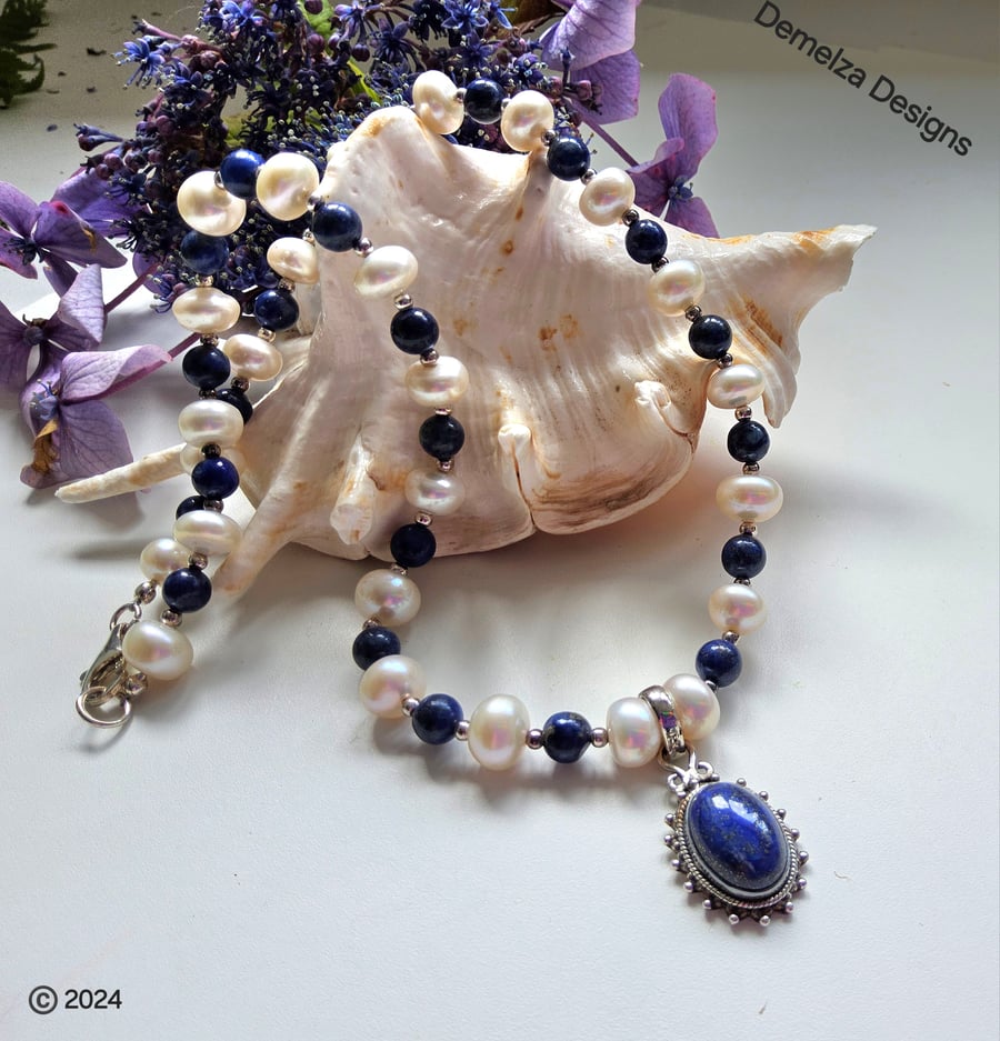 Lapis Lazuli & Top Quality Button Culture Pearl Sterling Silver Necklace