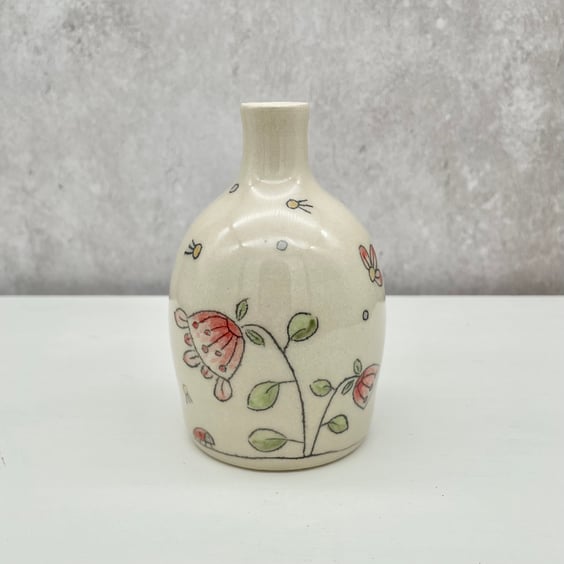 Flower Bud Vase Pretty Whimsical Flowers & Leaves - Handmade Pottery V01