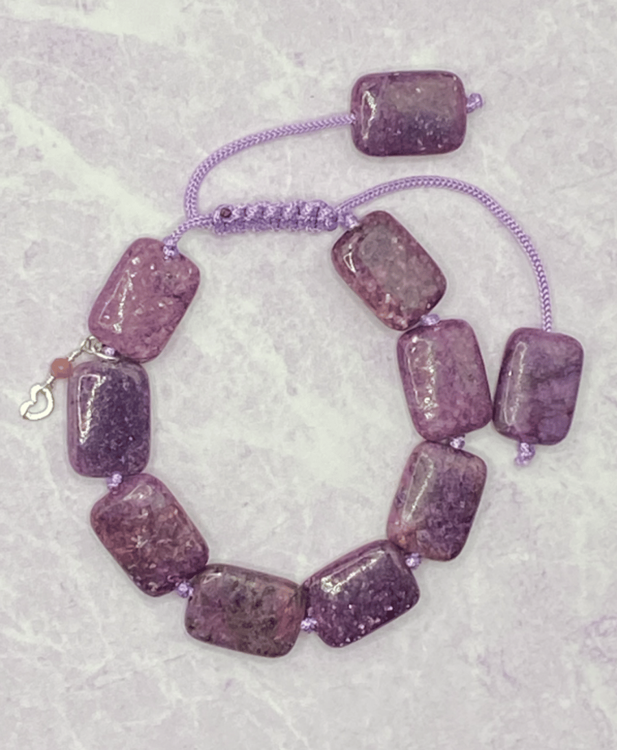 Knotted purple macrame cord bracelet with rectangular lepidolite stones