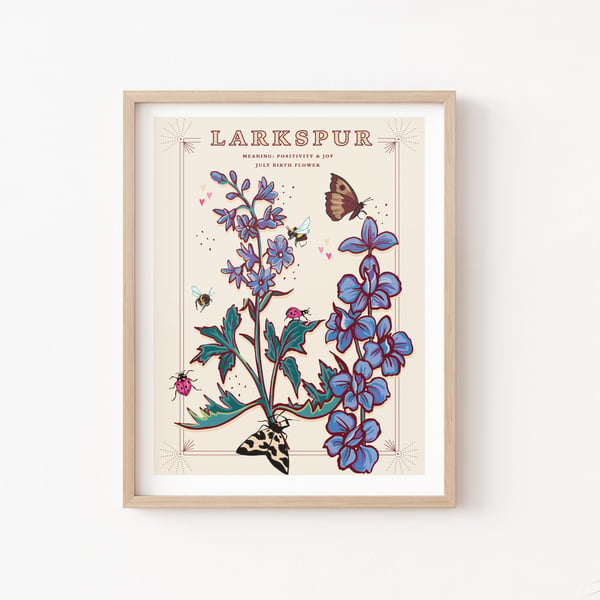 Larkspur, July Birth Flower, Language of Flowers Illustration Print