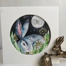 Original Resting Hare Rabbit in Moonlight Waterfall 
