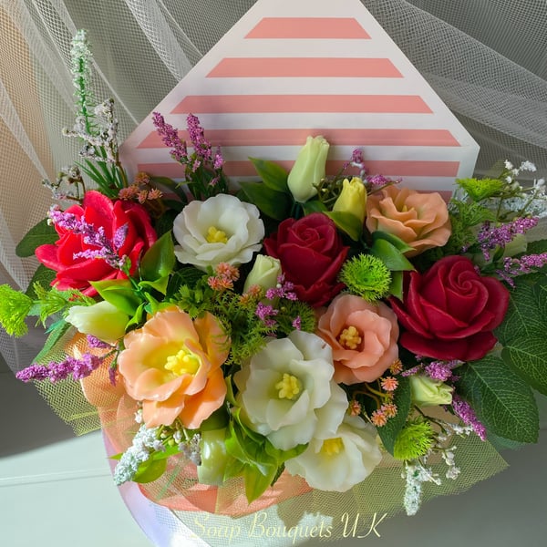 Vegan Soap Flower Bouquet Featuring Red Roses & Pale Eustoma (Lisianthus)