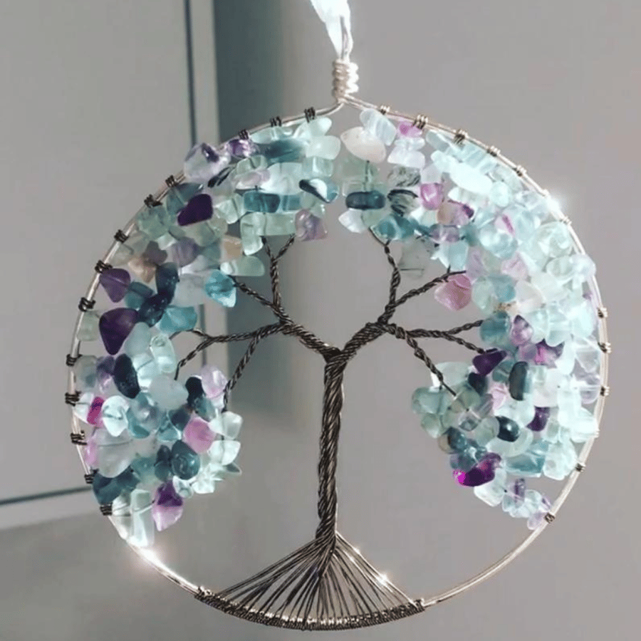 Handcrafted Wire Work Tree of Life Suncatcher with Rainbow Fluorite