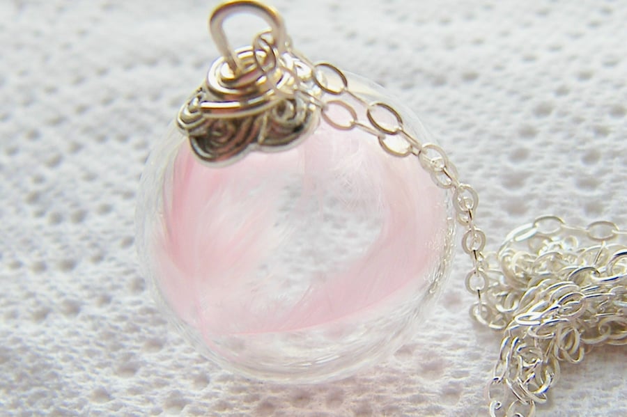 New Mum Necklace, Marabou Feathers, Glass Globe with Pink Marabou Feathers