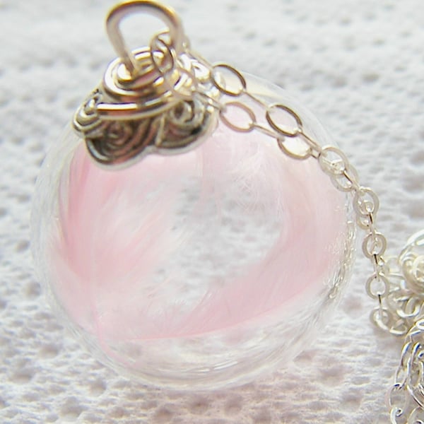 New Mum Necklace, Marabou Feathers, Glass Globe with Pink Marabou Feathers