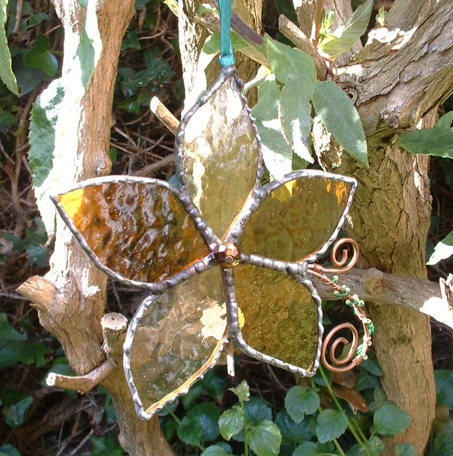 Orange Flower Stained Glass Suncatcher with Copper wire Twirl and Seed Beads