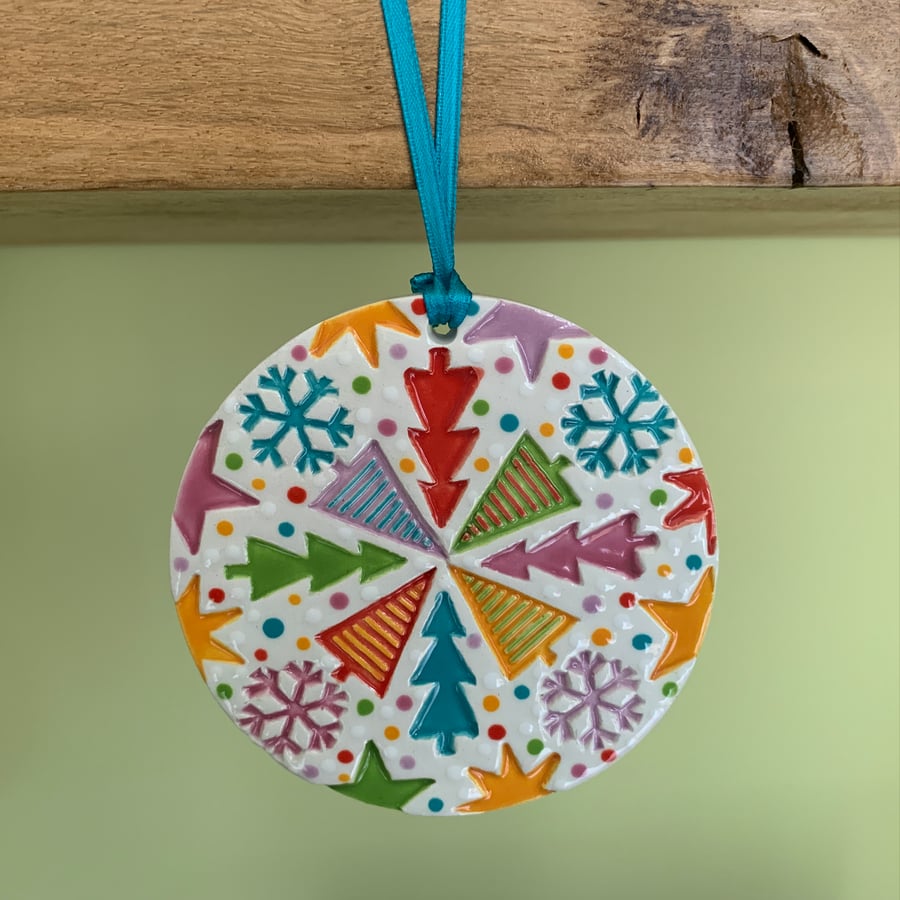 Handmade Ceramic Christmas Mandala Hanger, Bright Modern Hanging Decoration