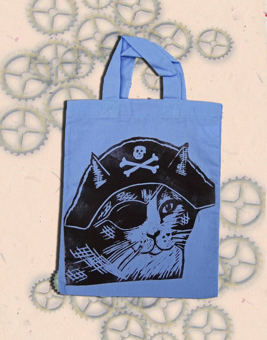 Pirate Cat Tote Hand Printed Lilac Mini Tote Shopping Bag