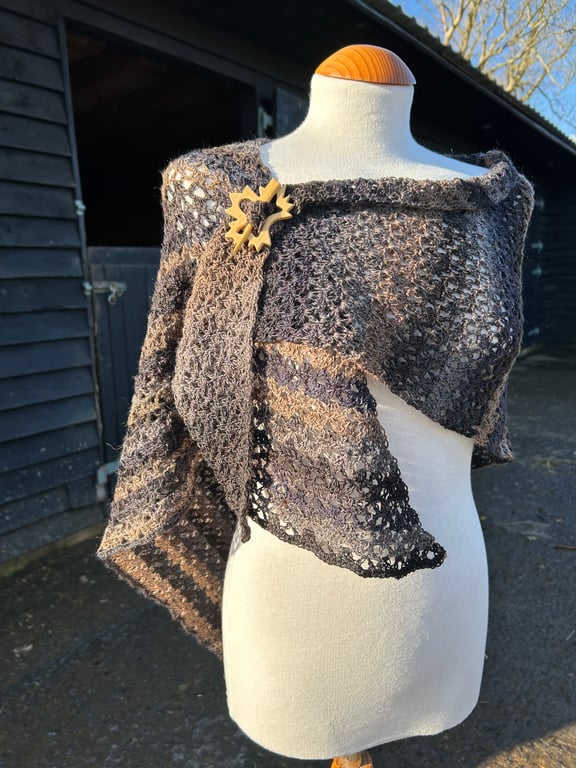 Brown Wool rich sock yarn asymmetrical lace wrap shawl 