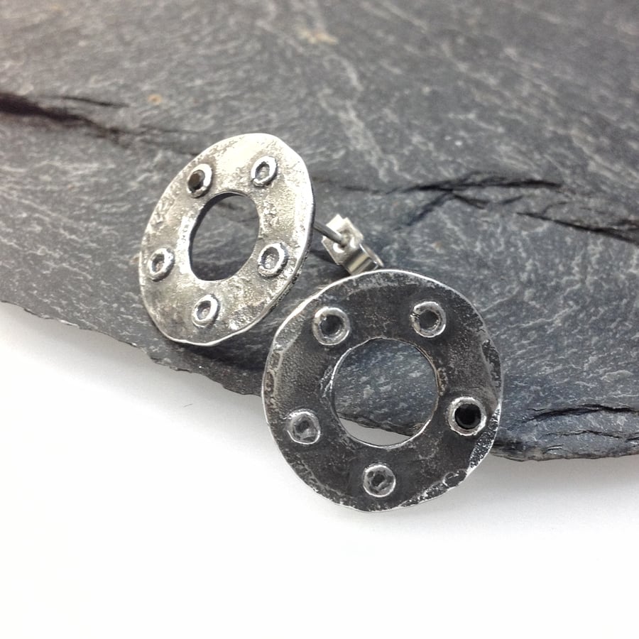 Oxidised silver and spinel stud earrings industrial