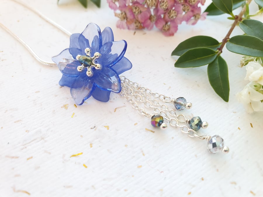 Blue Flower Necklace with Dangling Crystals