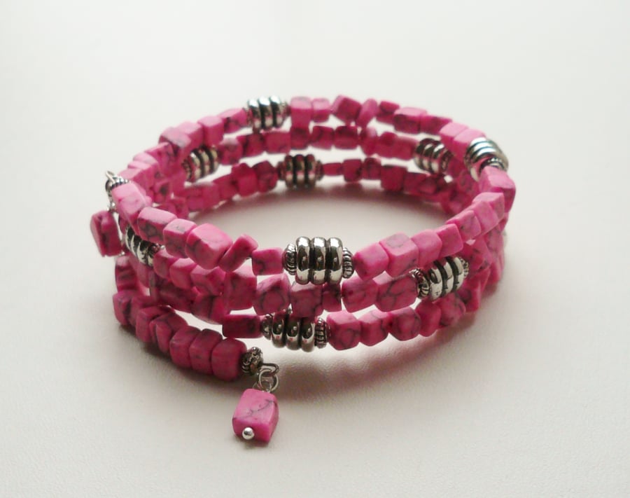 Wrap Around Bracelet Bright Pink Imitation Marble Cube Beaded   KCJ1467