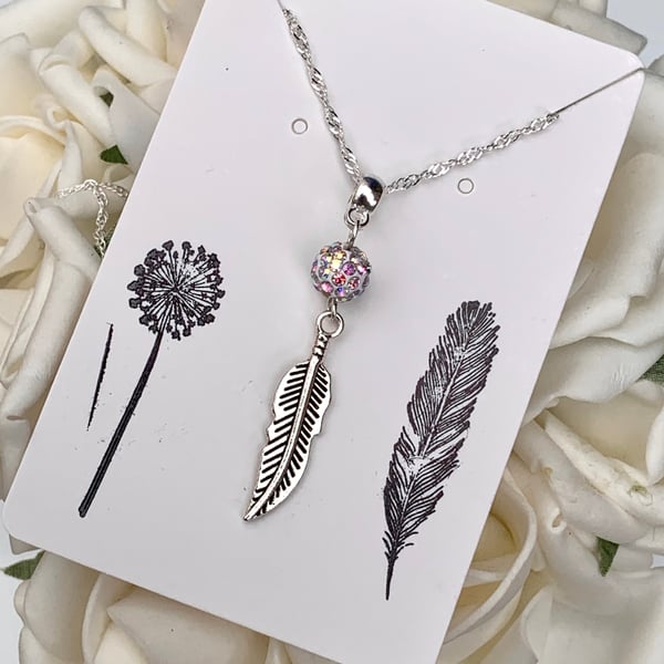 Sparkly Shamballa Feather Pendant On 925 Sterling Silver Chain 