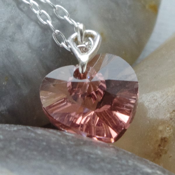 Antique Rose Pink Austrian Lead Crystal Heart Shaped Pendant In Sterling Silver
