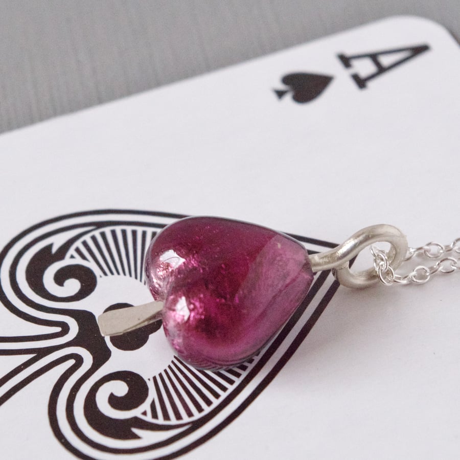 Ace of Spades Unisex Amethyst Murano Glass and Sterling Silver Pendant on Chain 