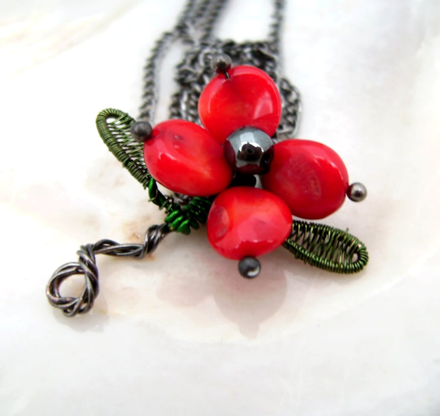 Red Flower Coral & Haematite Pendant Necklace
