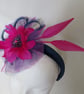 Navy Blue and Raspberry Magenta Flower Tulle & Feather Headband  - Image 4