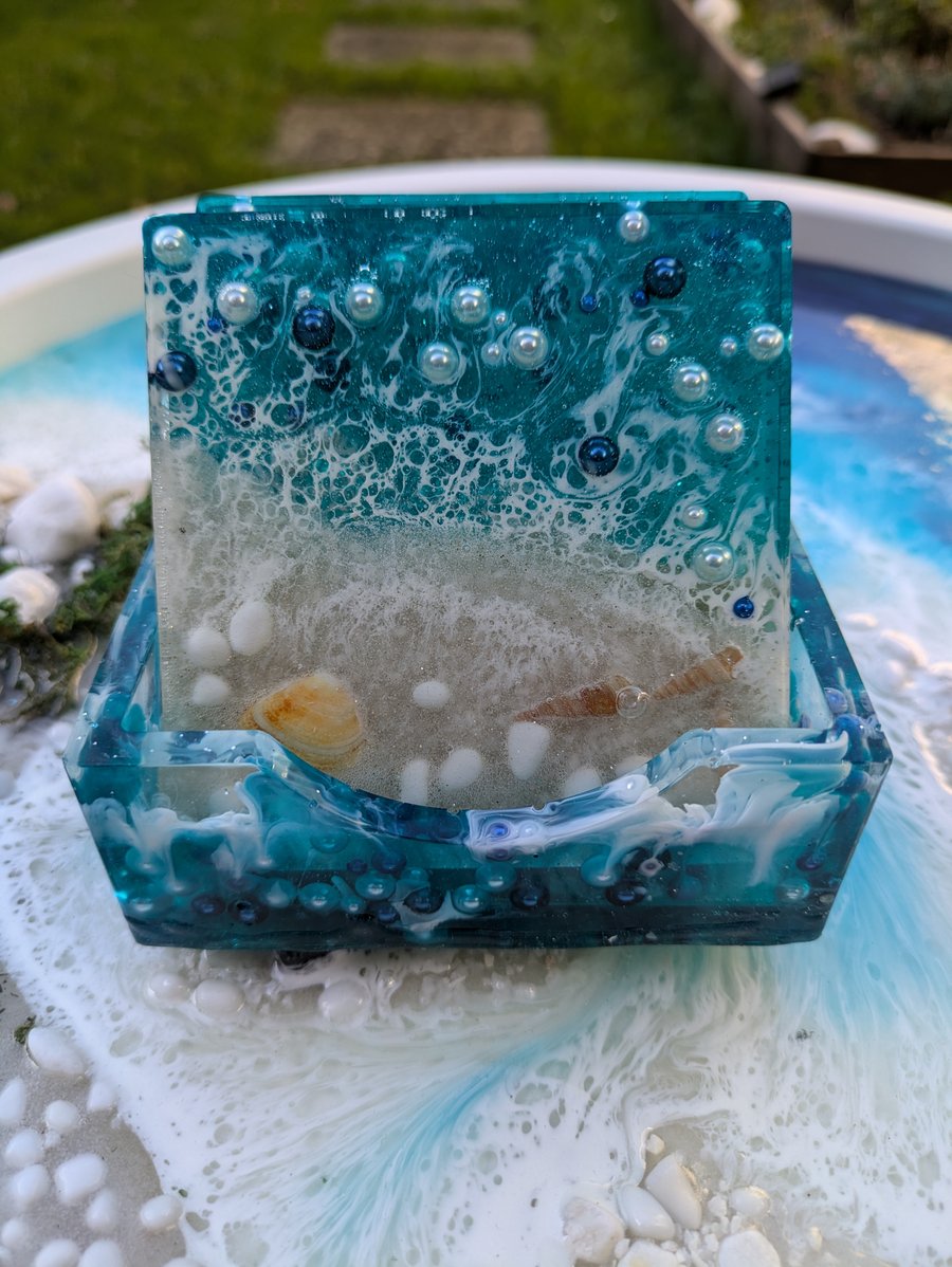 Bespoke Coastal Themed Coaster Set With Pearls (square)