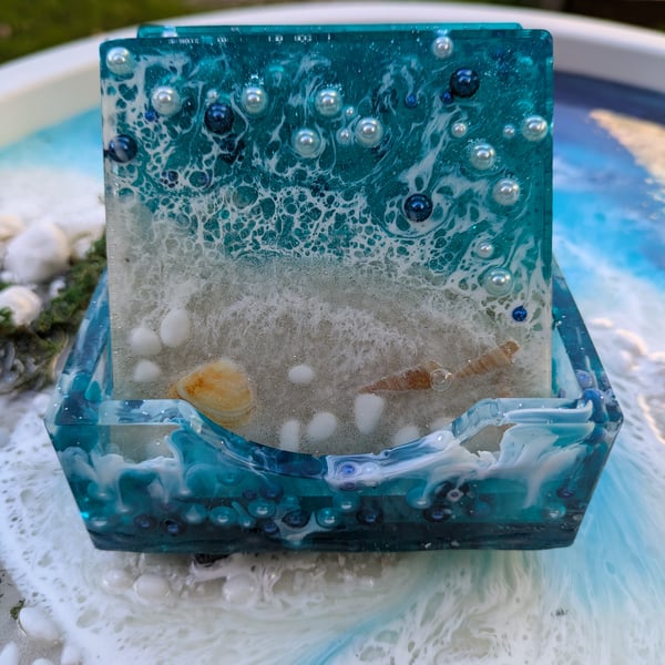 Bespoke Coastal Themed Coaster Set With Pearls (square)
