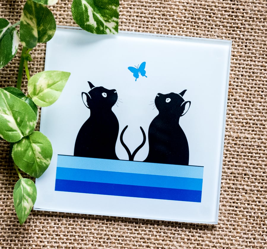 Glass cat coaster silhouettes butterfly gifts for cat lovers crazy cat lady  