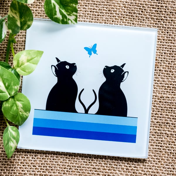 Glass cat coaster silhouettes butterfly gifts for cat lovers crazy cat lady  