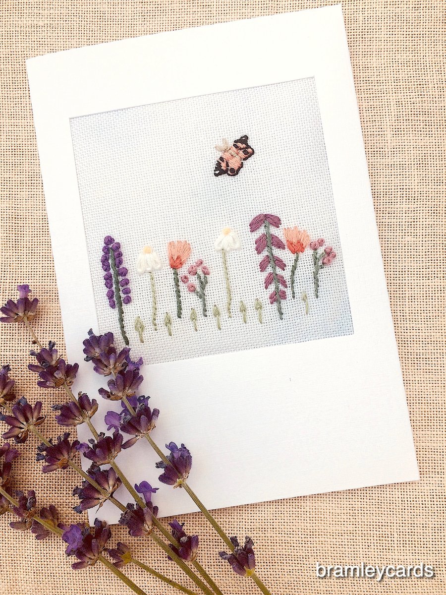 Embroidered Summer Hedgerow Card for Birthday. Get Well. Thank you