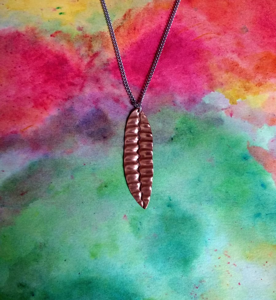 Leaf Pendant, Corrugated Copper on a Curb Chain